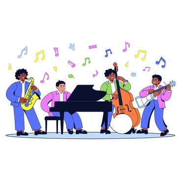 A lively jazz band is performing on stage. The band consists of four musicians: a saxophonist holding a golden saxophone, a pianist playing a black grand piano, a double bassist with a wooden bass, and a drummer with a shiny drum set. Each musician is engaged in playing their instrument with enthusiasm. Surrounding them are vibrant musical notes in various colors, floating in the air, creating a dynamic and energetic atmosphere. The stage has a simple backdrop, enhancing the focus on the band and the colorful notes.