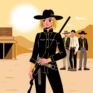 Ashe stands confidently in the foreground, wearing a rugged dark outfit with a wide-brimmed hat casting a shadow over her face. She has a rifle slung over her shoulder, showcasing her readiness. In the background, a dusty frontier town is visible, with weathered wooden buildings and a winding dirt road. Members of her team are positioned behind her, each displaying unique attire and expressions of determination. The sun casts a warm glow over the scene, highlighting the dust particles in the air and adding to the ambiance of the frontier setting.