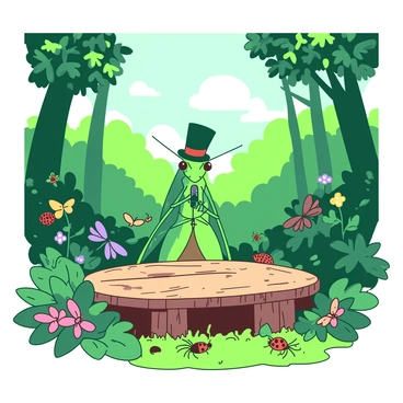 A green grasshopper is standing on a small wooden stage in the middle of a lush forest, illuminated by dappled sunlight filtering through the trees. The grasshopper is wearing a tiny black top hat and holding a small microphone in its front legs. Surrounding the stage, various insects such as butterflies, ladybugs, and ants are gathered as an enthusiastic audience, some perched on leaves and others sitting on the grass. The forest background is filled with vibrant green foliage and colorful flowers, creating a lively atmosphere for the concert.