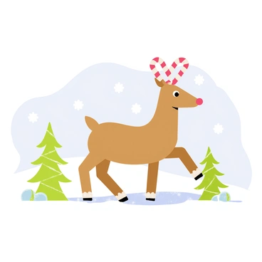 A reindeer with candy cane antlers playfully prancing in the snow