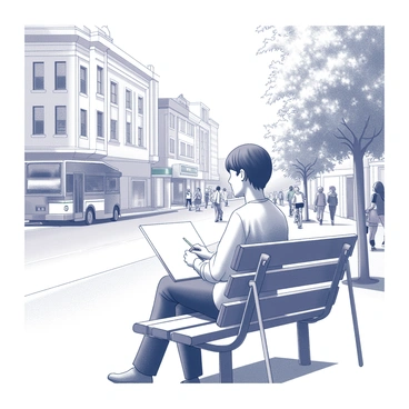An artist is seated on a wooden bench, focused on drawing their surroundings. They hold a sketchbook on their lap, with a pencil poised between their fingers. The artist has short hair and wears casual clothing. In the background, a busy street scene unfolds. People are walking by, some carrying shopping bags, while others are engaged in conversation. There are various buildings lining the street, showcasing a mix of architectural styles. A bus waits at the curb, and a cyclist rides past. Trees provide patches of shade along the sidewalk, adding to the urban setting.