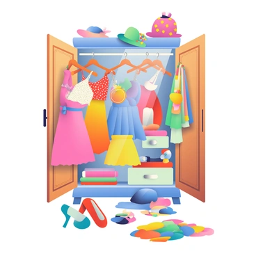 A whimsical wardrobe with ornate wooden doors stands open, revealing a vibrant array of garments and accessories inside. Brightly colored dresses in shades of pink, blue, and yellow hang on wooden hangers. Sparkling sequined tops and patterned skirts are folded neatly on the shelves. A collection of colorful scarves drapes over the edge of the wardrobe, cascading down onto the floor. Various shoes in fun styles, including bright red flats and blue high heels, are scattered on the ground. A few hats with whimsical designs are perched atop the wardrobe, adding to the playful scene. The floor is covered in a mix of fabrics and accessories, creating a lively and inviting atmosphere.
