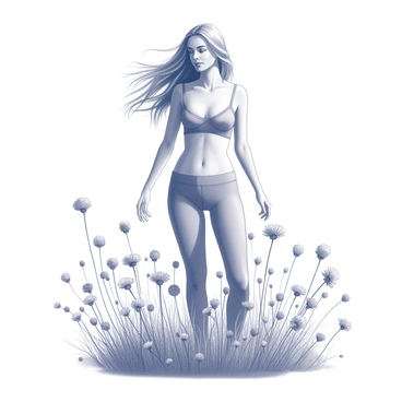A woman stands confidently in a field of wildflowers. She is wearing a natural fiber bra, showcasing a natural aesthetic. The wildflowers surround her, dancing gently in the breeze. The scene captures the natural shapes and textures of the flowers, varying in height and delicacy. The woman's hair flows freely, complementing the wild and untamed environment. The sun casts soft shadows, highlighting the contours of her figure and the vibrant details of the flowers.
