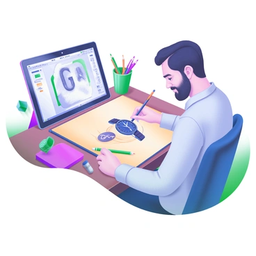 An artist is sketching a "stylish Gant watch" on a "wooden desk." The desk is cluttered with various "design tools," including pencils, markers, and an open sketchbook. The watch is detailed with a leather strap and a classic round face, prominently displayed in the center of the sketch. Nearby, there is a "computer tablet" with design software open and a cup holding an assortment of "colored pencils." Natural light filters onto the desk, highlighting the intricate details of the watch and the artist's focused expression.