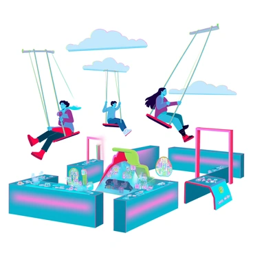 A vibrant playground filled with children of diverse backgrounds playing joyfully. The swings are gravity-defying, soaring high into the air with no visible support, allowing kids to experience the thrill of flight. Around the playground, digital sandboxes glow with interactive elements, displaying colorful patterns and shapes as children dig and build. Brightly colored equipment, including slides and climbing structures, is scattered throughout, creating a lively and inviting atmosphere. The sky above is clear with a few fluffy clouds, enhancing the cheerful environment.