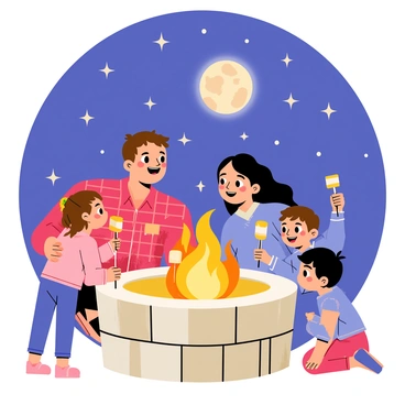 A family of four sits around a circular stone fire pit, with bright orange flames flickering and casting warm light on their faces. The father, wearing a red plaid shirt, holds a long skewer with a golden-brown marshmallow over the fire. The mother, in a cozy blue sweater, smiles as she watches their two children. One child, a girl with curly brown hair, is carefully roasting her marshmallow, while the other child, a boy with straight black hair, eagerly reaches for a crisp marshmallow. Above them, a vast starry night sky is filled with twinkling stars, and a large, glowing moon casts a soft light across the scene.