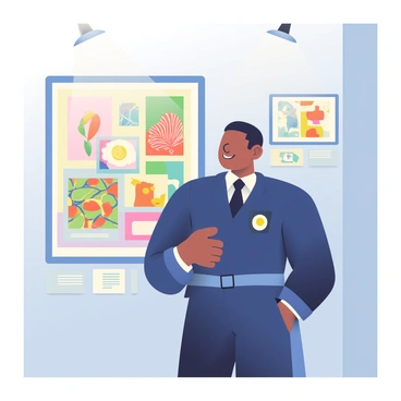 A friendly museum guard with light brown skin and short black hair is standing beside a valuable illustration display. The guard is wearing a navy blue uniform with a badge on the chest. He is smiling gently while keeping an eye on the artwork. The illustration display is illuminated under soft lighting, showcasing vibrant, intricate designs. To the left of the guard, there are small placards providing information about each piece of art. The walls of the museum are painted in a muted hue, complementing the display.
