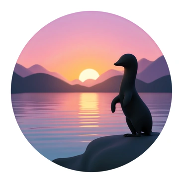 A silhouette of a loutre, with its sleek body and distinctively shaped head, is positioned at the edge of a tranquil lake. The loutre is standing on its hind legs, looking out over the water. The vibrant sunset casts brilliant hues of orange, pink, and purple across the sky, reflecting beautifully on the lake's surface. The sun is positioned low on the horizon, creating a striking contrast between the dark silhouette of the loutre and the colorful backdrop. Gentle ripples in the water add texture to the scene, enhancing the peaceful atmosphere.