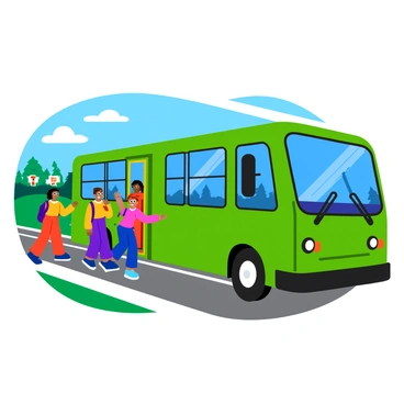 An electric school bus with a bright green body is parked near a field trip destination. The bus features large, cheerful windows and a modern design. Excited students are disembarking from the bus, with some jumping down the steps and others chatting animatedly. They are wearing colorful backpacks and clothing, showcasing a variety of styles. In the background, there is a vibrant landscape with green grass, trees, and the field trip destination visible, possibly a museum or park. A blue sky with fluffy white clouds adds to the lively atmosphere.