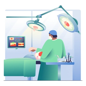 A surgeon with short black hair is wearing a blue surgical cap and a matching mask, intensely focused on an operation. The surgeon is positioned over a patient on the operating table, which is covered with a sterile green drape. Bright overhead surgical lights illuminate the scene, casting shadows across the room. To the right, a large monitor displays vital signs in vibrant colors. Various surgical instruments are neatly arranged on a nearby tray, reflecting the bright lights. The walls of the modern surgical room are a light gray, and there is a large window allowing soft natural light to filter in.