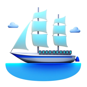 A futuristic ship with sleek, aerodynamic design sailing on calm waters. The hull of the ship is a combination of silver and blue materials, reflecting the sunlight. On the deck, several hydrogen fuel cells are prominently displayed, showcasing their intricate design and technology. The sails of the ship are large and billowing, crafted from a high-tech, translucent material that glows softly. The background features a clear sky with a few fluffy clouds, enhancing the advanced atmosphere of the scene.