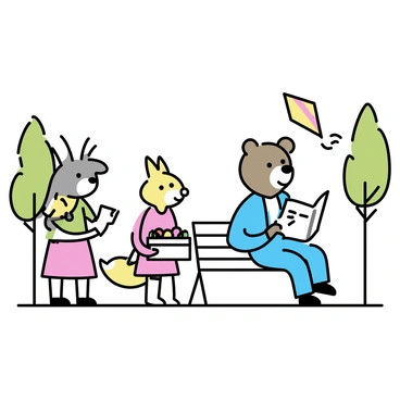 A group of animals, including a bear in a blue suit, a fox in a red dress, and a rabbit in a green sweater, are gathered in a park. The bear is sitting on a bench, reading a newspaper. The fox stands beside the bear, holding a picnic basket filled with fruits. The rabbit is flying a small kite, with a colorful tail, in the background. Trees with green leaves surround the scene, creating a lively atmosphere. Each animal is engaging in their unique activity, showcasing a human-like dynamic among them.