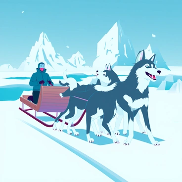 A team of strong huskies with thick fur and distinctive facial markings is pulling a sled across a vast, snowy Arctic landscape. The huskies are in various dynamic positions, some barking enthusiastically while others focus intently on the path ahead. The sled is wooden, with metal runners gliding over the snow, and a driver wearing a heavy winter coat is seated on the sled, holding the reins tightly. In the background, towering ice formations and distant icy mountains create a dramatic backdrop against a clear blue sky. Snowflakes are gently falling, adding to the wintry atmosphere.