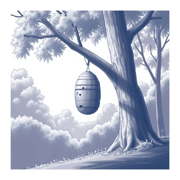 A beehive hanging from a sturdy branch of a tree in a dense forest. The hive is round and textured, displaying numerous openings where bees can enter and exit. Surrounding the hive, the tree has a rough bark and lush leaves that create a canopy overhead. Sunlight filters through the leaves, casting dappled shadows on the ground below. The forest is filled with various trees and underbrush, adding to the richness of the scene.