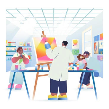 A spacious conservation lab in an art museum is filled with natural light streaming through large windows. In the center, a male conservation expert with short black hair is carefully restoring a large, colorful painting on an easel. He is wearing a white lab coat and protective gloves, focused on applying a fine brush to the canvas. Beside him, a female expert with curly brown hair is examining a smaller painting with a magnifying glass, wearing safety goggles. Various art supplies, including tubes of paint, brushes of different sizes, and palettes, are organized on a nearby worktable. On the walls, several paintings are displayed, showcasing different stages of restoration, while shelves are lined with tools and equipment essential for the conservation process.