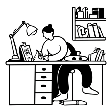 A cartoon character resembling a person with a distinct hairstyle sitting at a desk. The character is holding a pencil, intently focused on drawing on a sheet of paper. The desk is cluttered with art supplies, including colored pencils, erasers, and sketches. A small lamp is illuminating the workspace, casting shadows on the desk. Behind the character, there are shelves filled with books and more art materials.