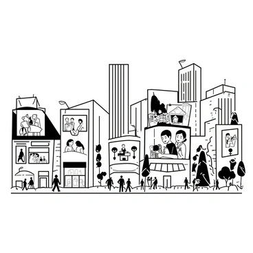 A cityscape featuring a variety of buildings with large mural-like illustrations on their walls. The murals depict scenes of historical events, cultural themes, and everyday life, intricately detailed with figures and objects that convey narratives. Skyscrapers rise in the background, while smaller storefronts and cafes occupy the foreground. People walk along the streets, some stopping to admire the artwork, while others engage in conversation. Trees and streetlights line the pathways, creating a vibrant urban atmosphere. The sky above is clear, enhancing the visibility of the murals.