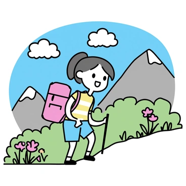 A chibi anime girl with large expressive eyes and colorful hair is hiking up a mountain trail. She is wearing a bright pink backpack and a striped t-shirt, with shorts and hiking boots. The mountain trail is surrounded by lush greenery and vibrant wildflowers. In the background, there are steep rocky slopes and a clear blue sky. The girl is smiling, showing enthusiasm as she takes each step up the trail. A few fluffy clouds drift by above the mountain peaks.