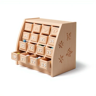 A hand-carved wooden advent calendar with small drawers, each labeled with a number