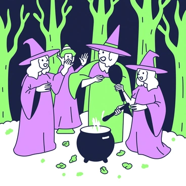 A group of witches stands in a darkened forest, their shadows elongated and menacing against the ground. They are gathered around a bubbling cauldron, with one witch stirring it with a large wooden spoon. Their pointed hats are perched atop their heads, casting further shadows on their faces. The witches' hands are raised as they cackle, with one witch revealing a toothy grin. The trees surrounding them loom tall and twisted, adding to the eerie atmosphere. The ground is littered with fallen leaves and small stones, creating an uneven surface beneath them.