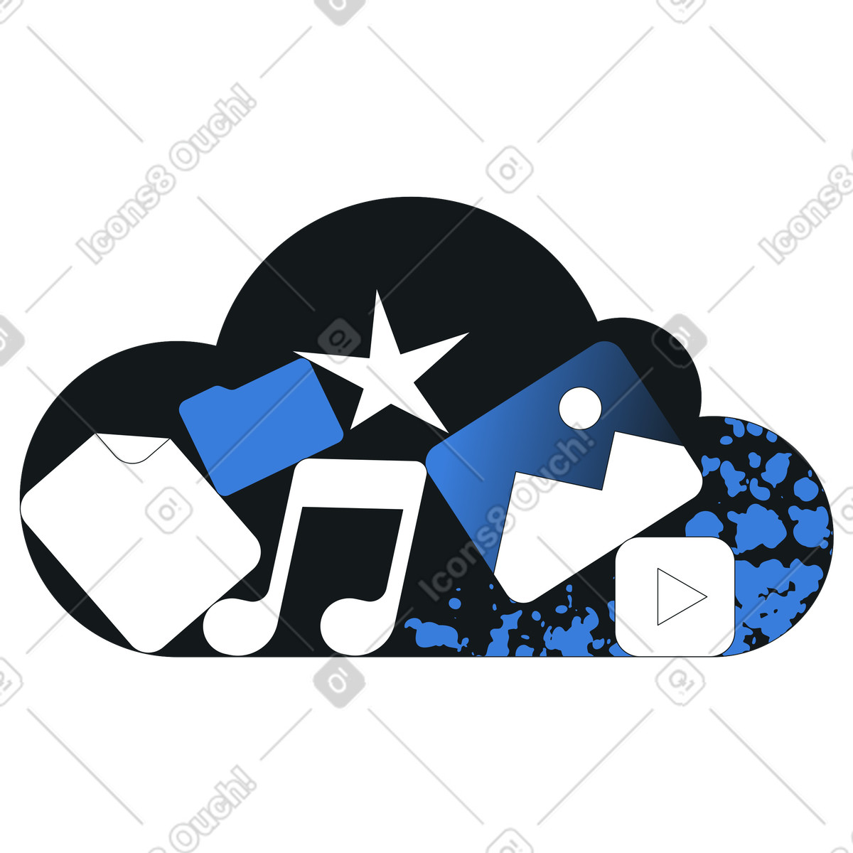 Cloud with media files and folders, Online file storage sharing illustration in Midnight style download in PNG, SVG