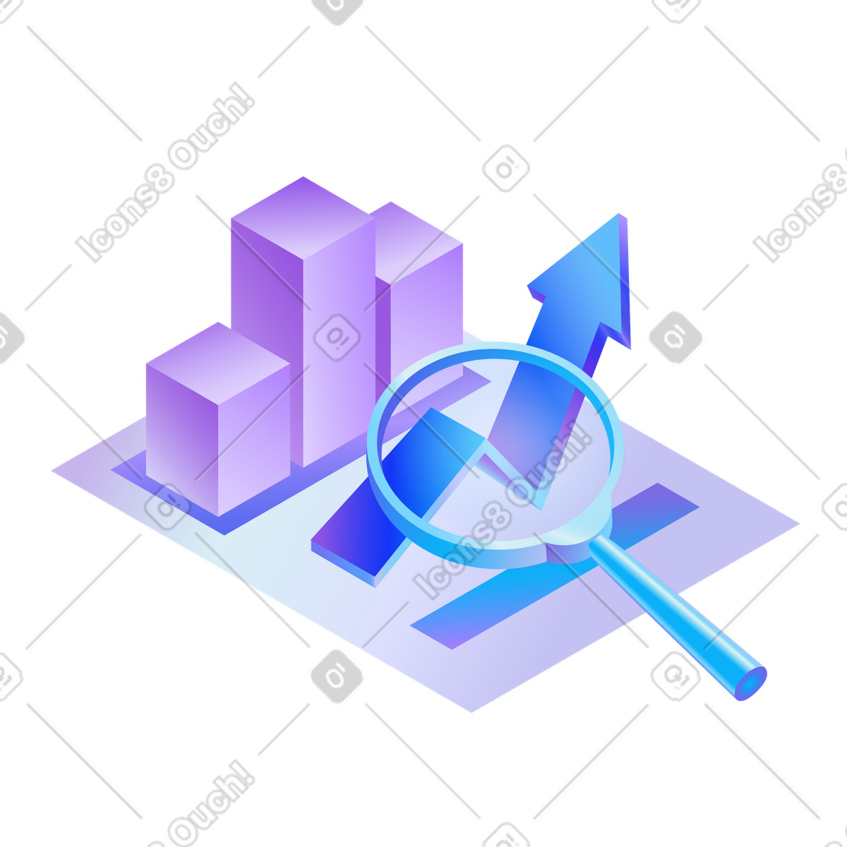 Hi-tech 스타일의 분석, 데이터 분석 및 성장. 차트, 위쪽 화살표 돋보기 일러스트레이션 PNG, SVG 다운로드