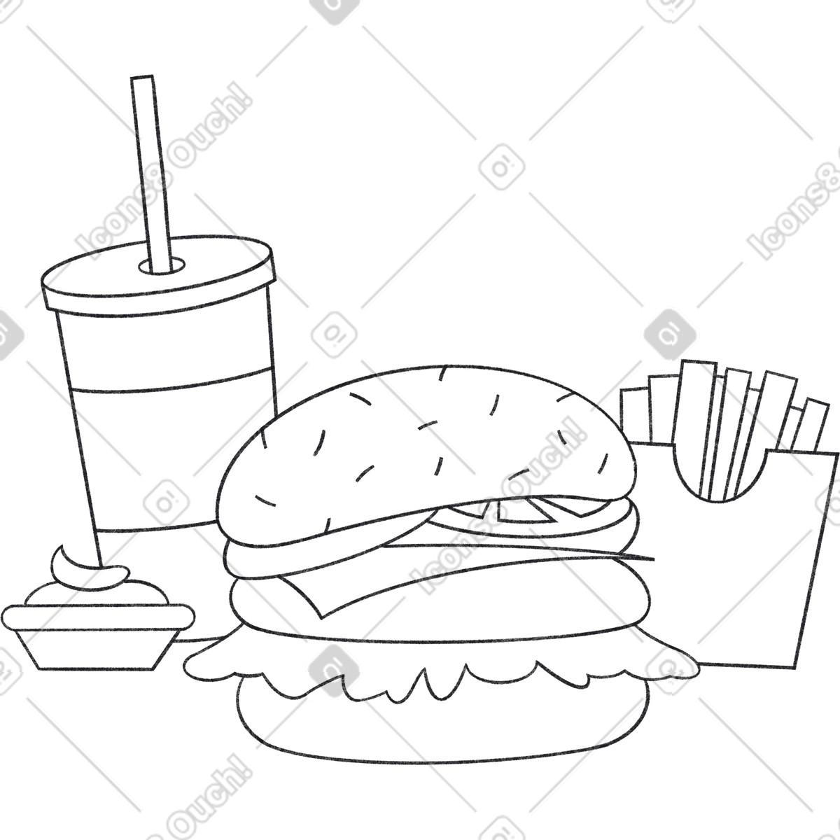 Illustration Fries burger soda sauce dans le style Bonbon Line à télécharger aux formats PNG, SVG