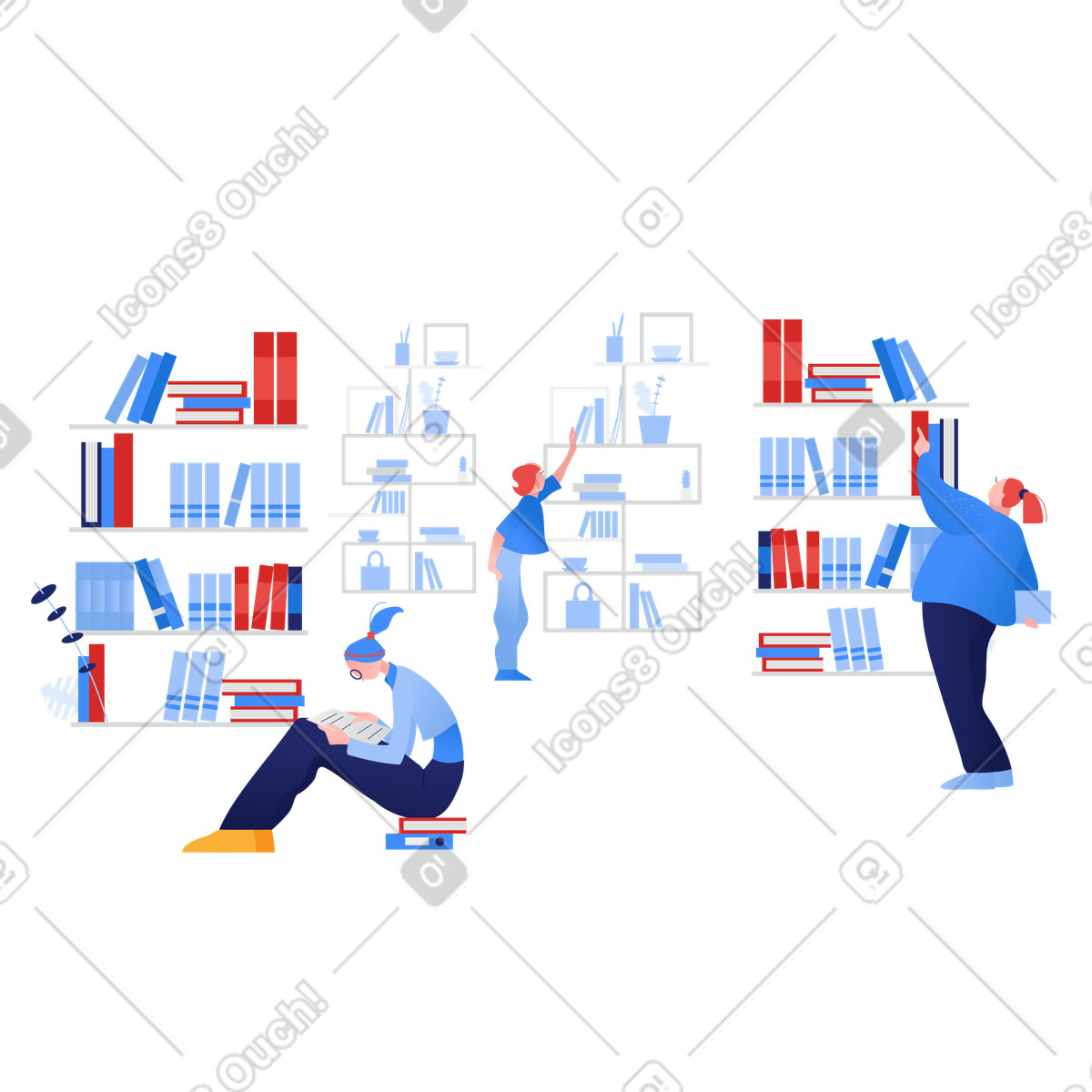 Menschen lesen und wählen bücher in der bibliothek aus-Illustration im Clip-Stil als Download PNG, SVG