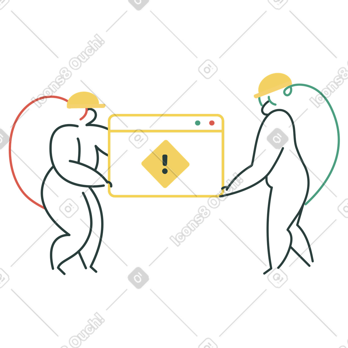 Construction workers carrying web page with warning sign, Website maintenance illustration in Macaroni style download in PNG, SVG