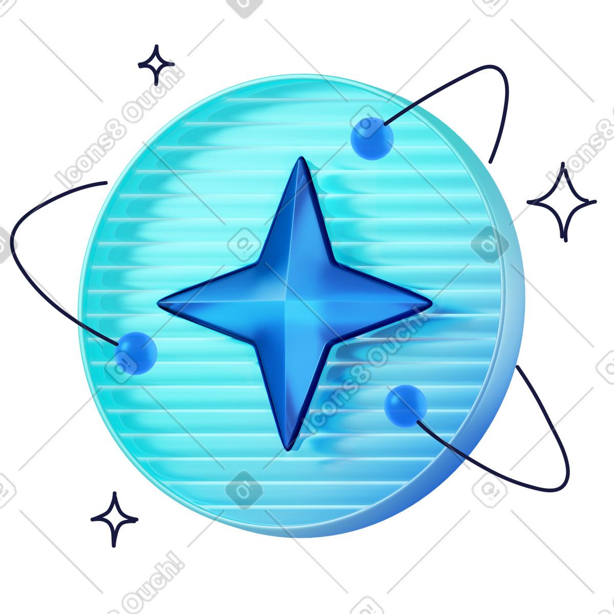 Illustration animée Pièce étoile bleue avec sphères en orbite, ia et métavers dans le style 3D Surfaced à télécharger aux formats GIF, Lottie (JSON), AE