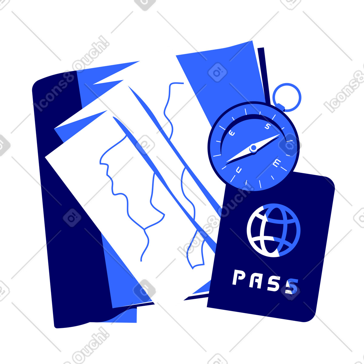 Ilustração de Viajando com passaporte, mapa e bússola em no estilo Lounge para baixar em PNG, SVG