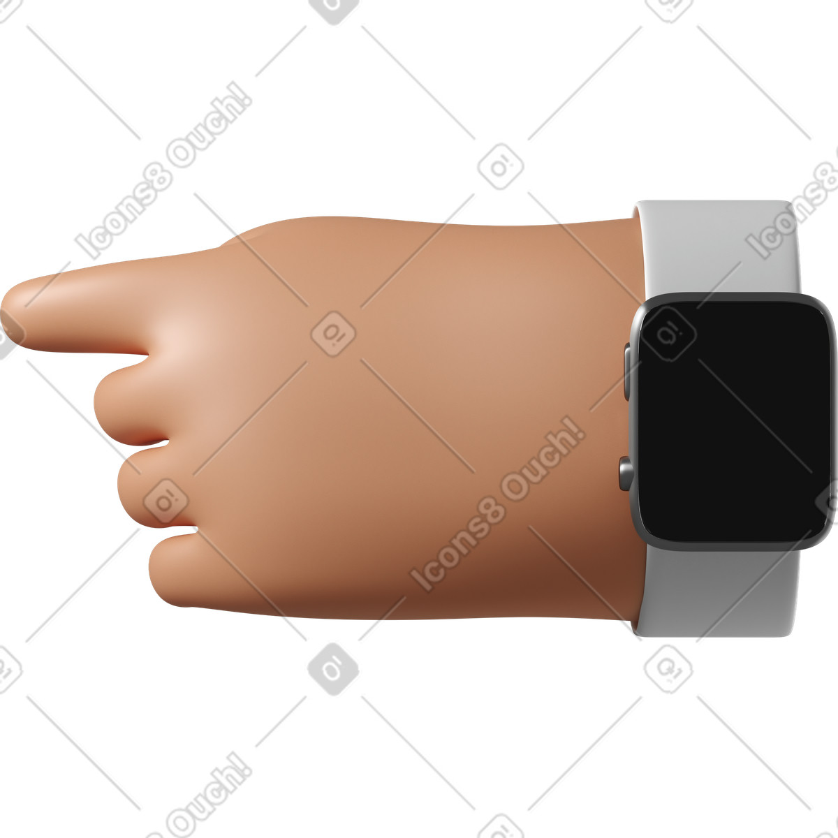 Tanned skin hand with smartwatch turned off pointing left illustration in 3D Hands Fun&Wild style download in PNG, SVG