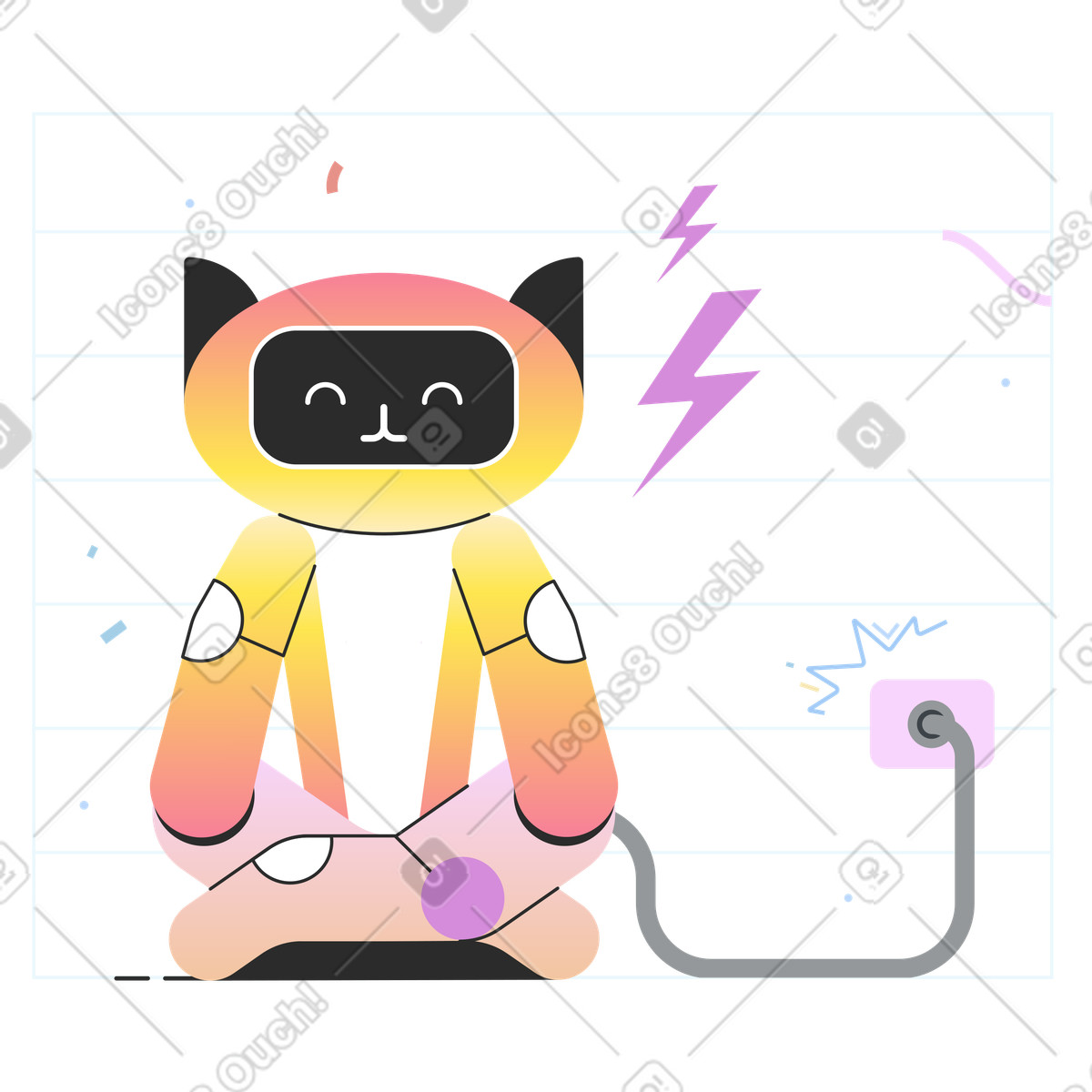 Ilustración Gato robot cargándose mediante cable en estilo Marginalia a descargar en PNG y SVG