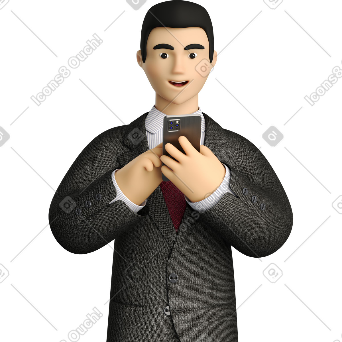 Illustration Businessman in black suit looking at phone dans le style 3D Business à télécharger aux formats PNG, SVG