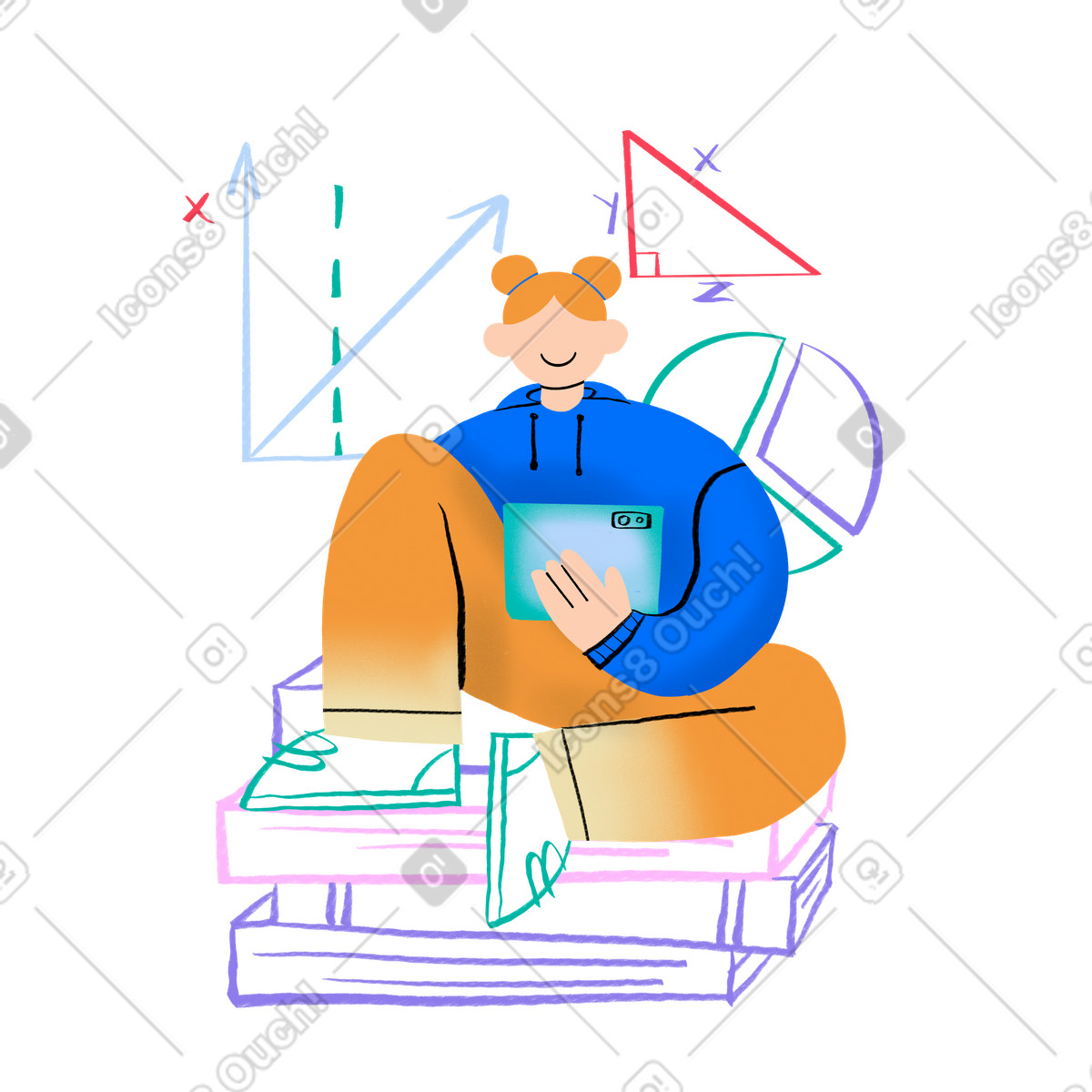 Ragazza che studia mentre si siede su una pila di libri illustrazione in stile Bonny scarica in PNG, SVG