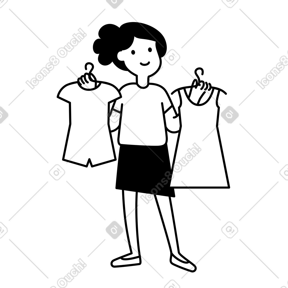 下载 Notion Line Art 风格的 Clothes shopper holding dress and jumpsuit making fashion choice 插画，支持 PNG、SVG 格式