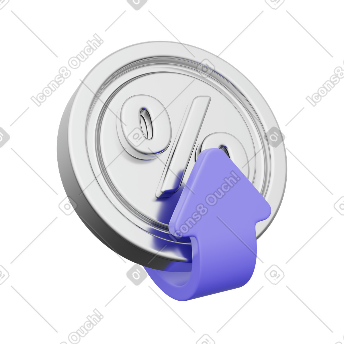 Illustration Pièce avec pourcentage et flèche violette, hausse des taux, tendance financière dans le style 3D Playful à télécharger aux formats PNG, SVG