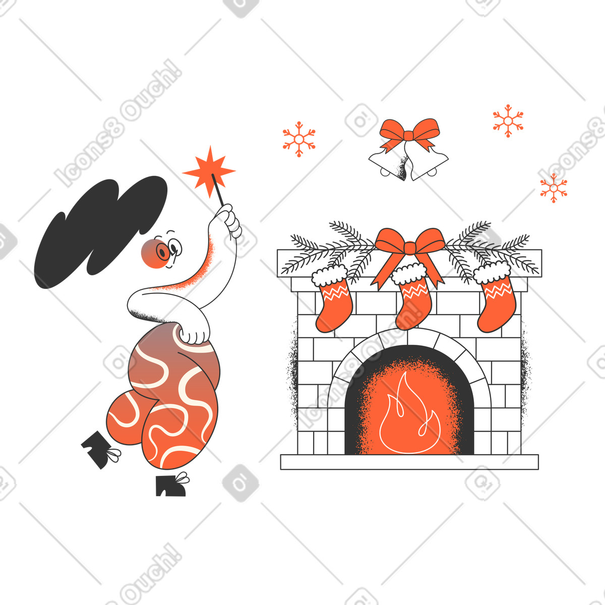 Celebrating Christmas: fireplace, sparkler, jingle bells illustration in Crayon style download in PNG, SVG