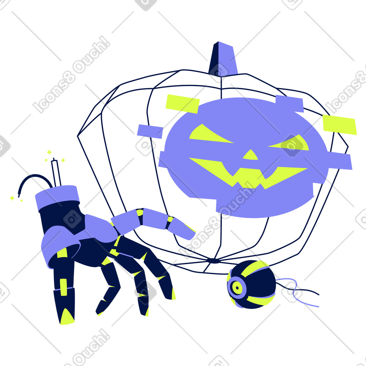 Ilustración Cyber pumpkin with robotic hand and eye, Futuristic Halloween decorations en estilo Glow a descargar en PNG y SVG