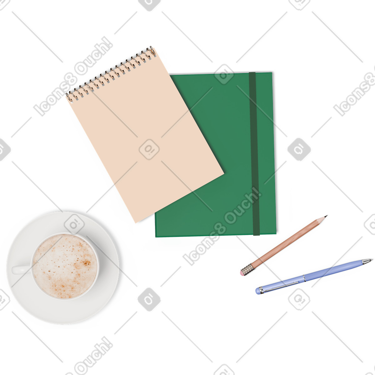 Vista dall'alto di due quaderni, penna, matita e tazza caffè illustrazione in stile 3D Hygge scarica in PNG, SVG