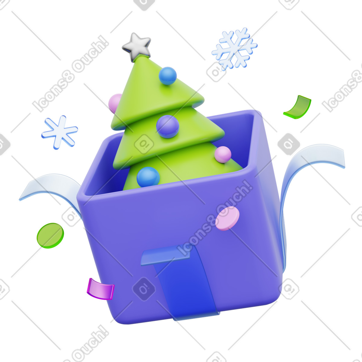 Christmas tree inside gift box, Festive holiday celebration illustration in 3D Playful style download in PNG, SVG
