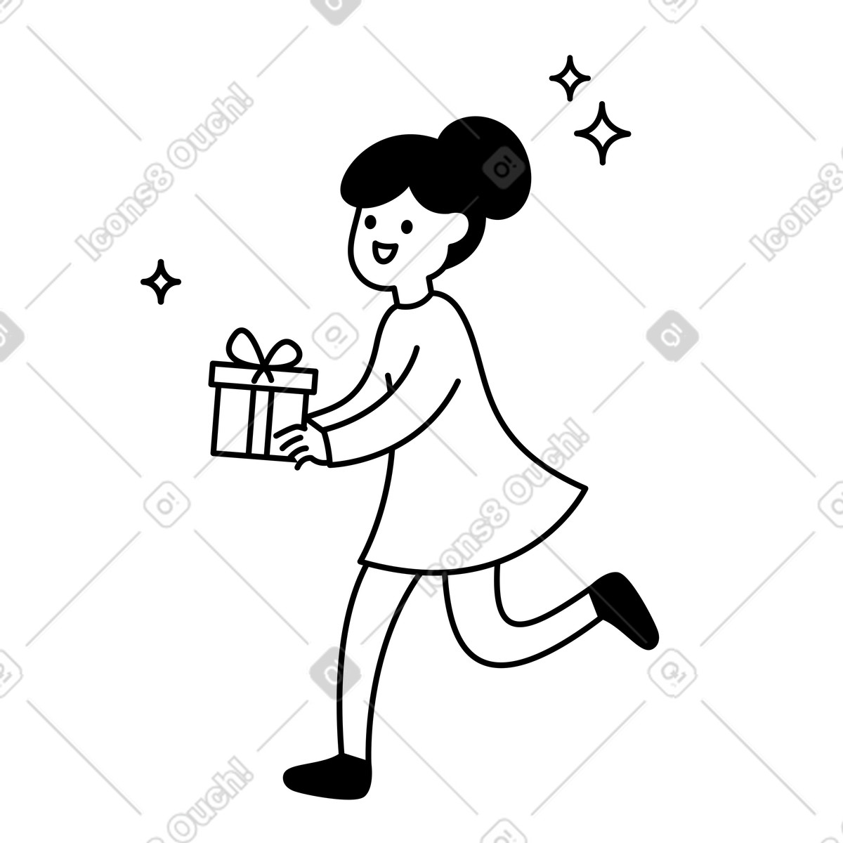 Notion Line Art スタイルの Gift box carried by running character with happy smiling expression のイラストをPNG、SVG形式でダウンロード