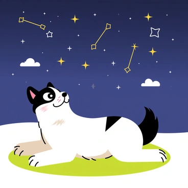 A "blaireau" lying on its back on a grassy surface, with its paws stretched out. The creature has distinctive black and white stripes on its face and a thick, soft fur coat. Above it, a clear night sky filled with various "constellations" twinkling brightly. Stars in different sizes are scattered across the sky, forming recognizable shapes. The blaireau's eyes are wide open, reflecting the starlight as it gazes upward in wonder. A few fluffy clouds drift by, adding to the serene atmosphere of the nighttime scene.