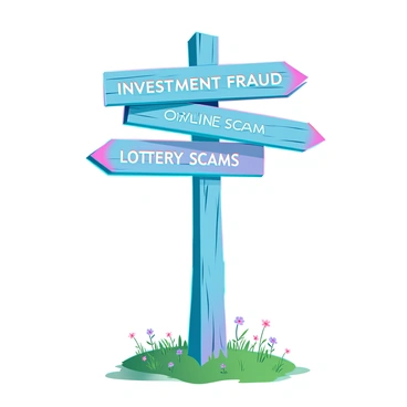 A weathered wooden signpost stands upright, with a rustic texture and faded paint. The signpost features multiple arrows, each labeled with different types of scams such as "Investment Fraud," "Online Scams," "Lottery Scams," and "Rental Scams." Each arrow has a distinctive color to differentiate them, with vibrant hues standing out against the aged wood. The signpost is surrounded by a grassy area with scattered wildflowers, and the sunlight casts soft shadows on the ground, creating an inviting yet cautionary atmosphere.