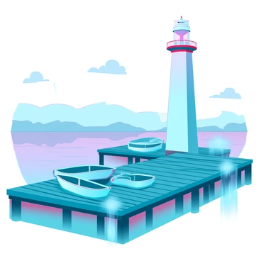 A misty dock with wooden planks, slightly weathered and glistening from moisture. Boats of various sizes gently sway in the calm water, their reflections shimmering on the surface. In the distance, a tall lighthouse stands proudly, painted in white with red accents, its beam cutting through the fog. The atmosphere is serene, with soft tendrils of mist curling around the dock and boats, partially obscuring the view of the shoreline. The scene conveys a sense of tranquility, highlighted by the soft, muted colors of dawn breaking through the haze.