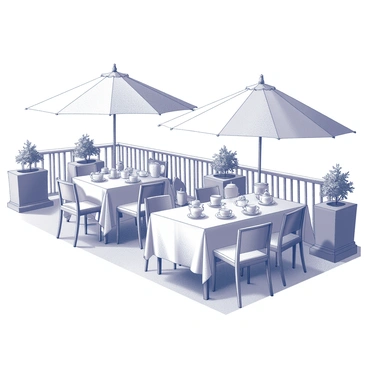 A hotel terrace featuring multiple tables arranged for afternoon tea. Each table is adorned with delicate teapots and fine china cups. Sun umbrellas are positioned above the tables, providing shade. Chairs surround the tables, inviting guests to sit and enjoy their tea. The terrace has a railing that overlooks a scenic view, with potted plants placed strategically around the area.