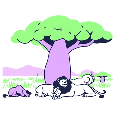 A pride of lions is lounging beneath the wide canopy of a baobab tree on the savanna. The lions are sprawled on the ground, with some resting their heads on their paws while others are gently grooming each other. The baobab tree towers above them, its thick trunk and sprawling branches offering a significant amount of shade. In the background, the vast expanse of the savanna is visible, with sparse grass and a few distant acacia trees. The sky above is clear, completing the serene atmosphere of the scene.