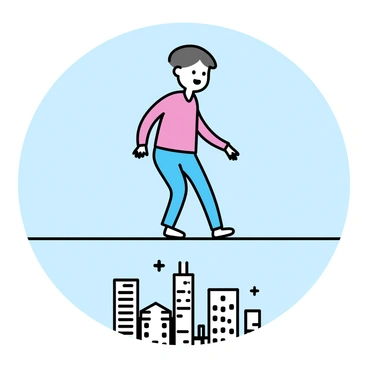 An individual wearing a red shirt and blue jeans is balancing on a tightrope stretched high above a cityscape. The person is focused, arms extended slightly for balance, with a look of concentration on their face. Below, a detailed city skyline is visible, featuring a mix of tall buildings and smaller structures, with a few trees scattered throughout. The background is filled with a clear blue sky, showcasing a sense of height and precariousness.