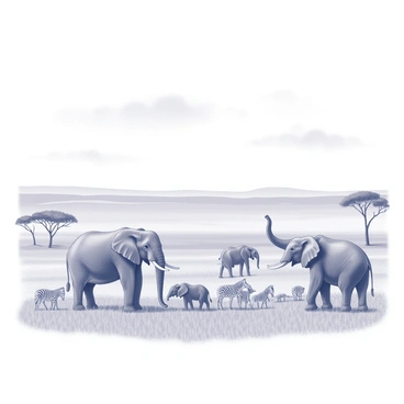 A savanna landscape featuring vast, open grasslands that extend to the horizon. In the foreground, a herd of elephants is depicted, with several adults standing together, their large ears flared and trunks raised. Nearby, a group of zebras is seen grazing, their distinctive black and white stripes clearly visible. The ground is dotted with sparse vegetation, and a few acacia trees are scattered throughout the scene, their broad canopies providing shade. The sky above is expansive, with soft clouds drifting across, completing the serene savanna ecosystem.