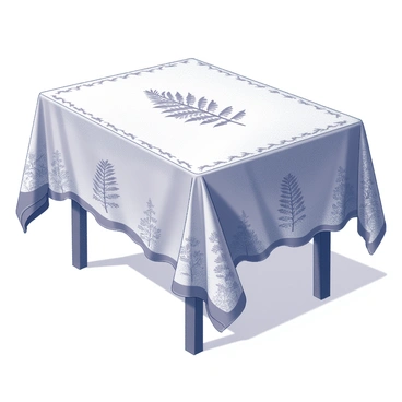 A table adorned with a delicate lace tablecloth. The fabric features intricate fern patterns that are meticulously woven throughout its surface. The lace has a fine texture, showcasing the details of the fern designs, which appear as elegant, flowing shapes. Soft shadows are cast on the table beneath the cloth, emphasizing the lace's delicate nature. The edges of the tablecloth are scalloped, adding to its ornate appearance.